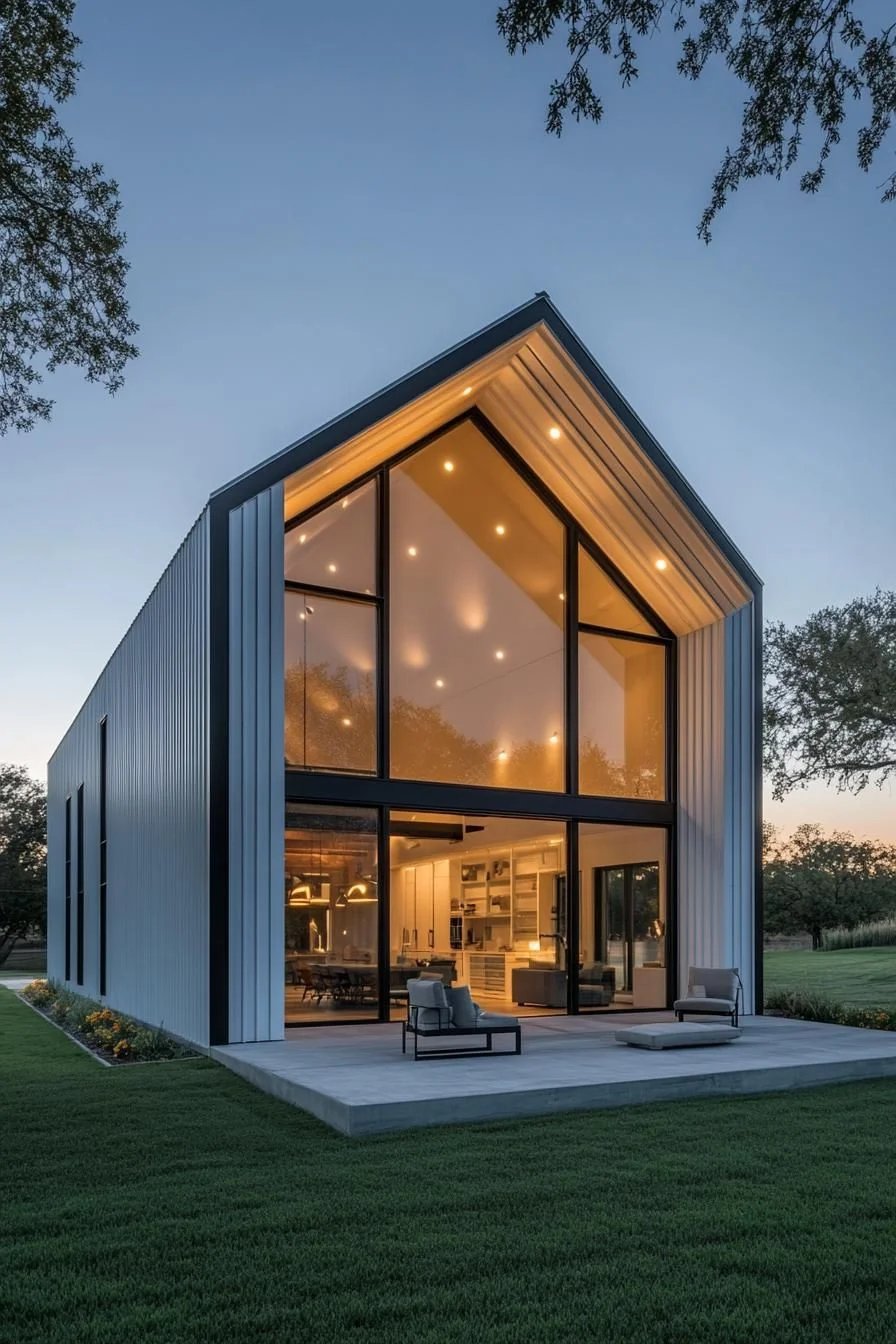 A Gabled Barndominium Lit by Twilight