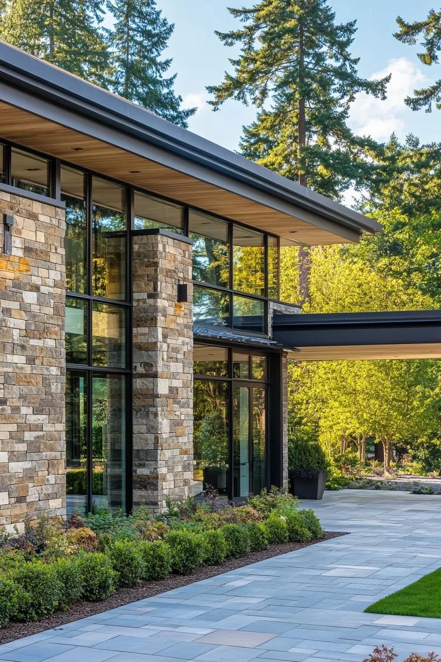 Stone-Faced Facade with Glassy Accents
