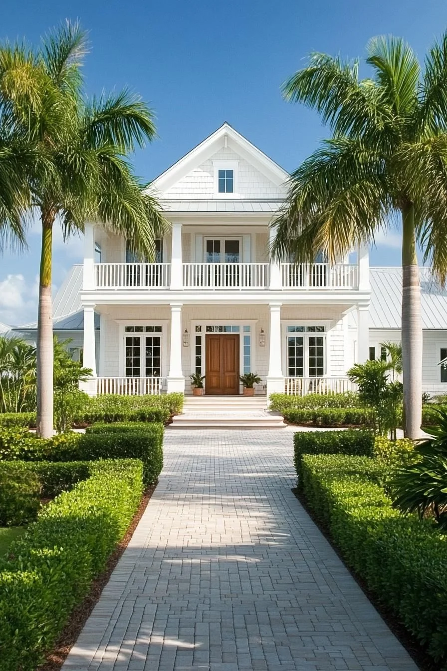 A Coastal House with a Palm-Lined Entrance