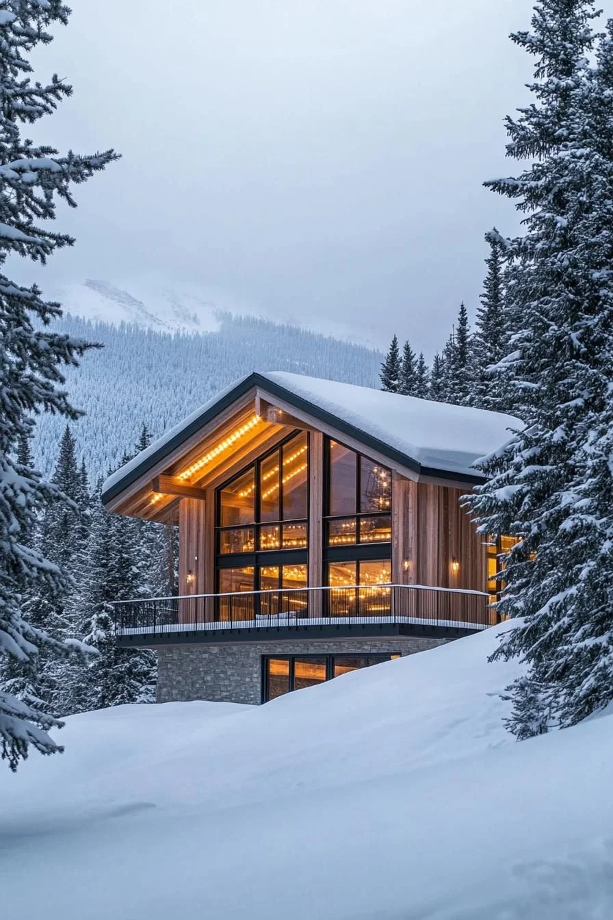 Alpine Lodge Lit Up in the Snow