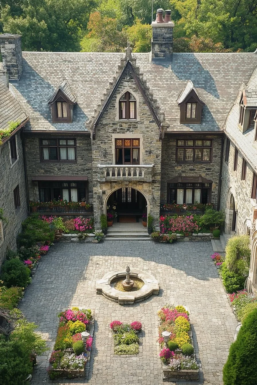 Whimsical Stone Chateau with Courtyard Fountains