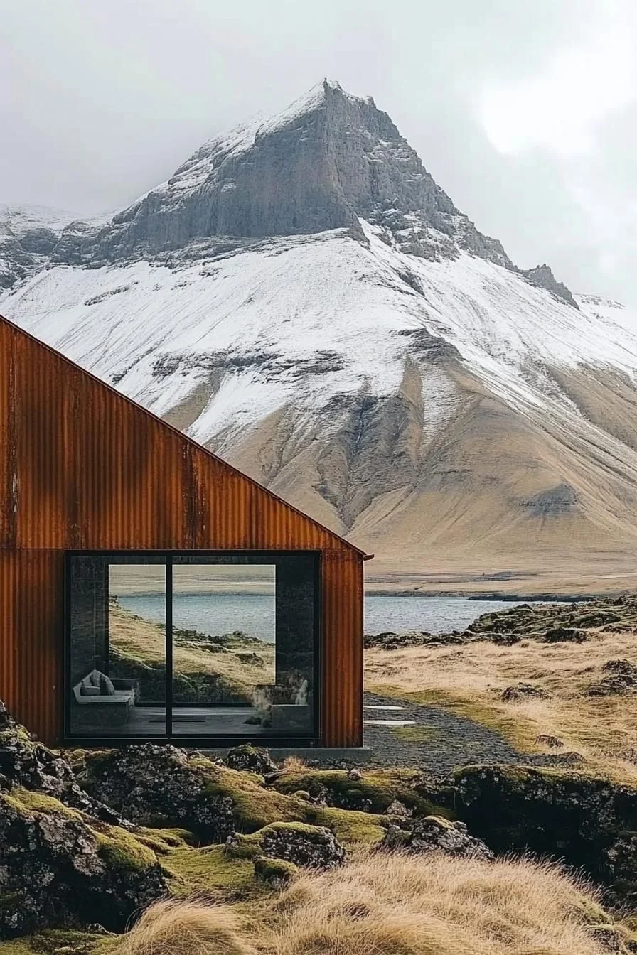 A Steel Home Set Against Snowy Peaks