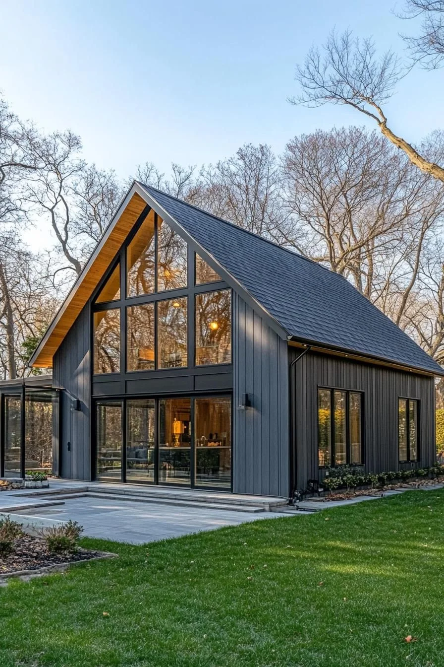 Sleek metal and rustic wood come together on this barn house's angular, gabled exterior. A large glass facade opens the interior toward the surrounding trees, blurring the line between indoors and out.