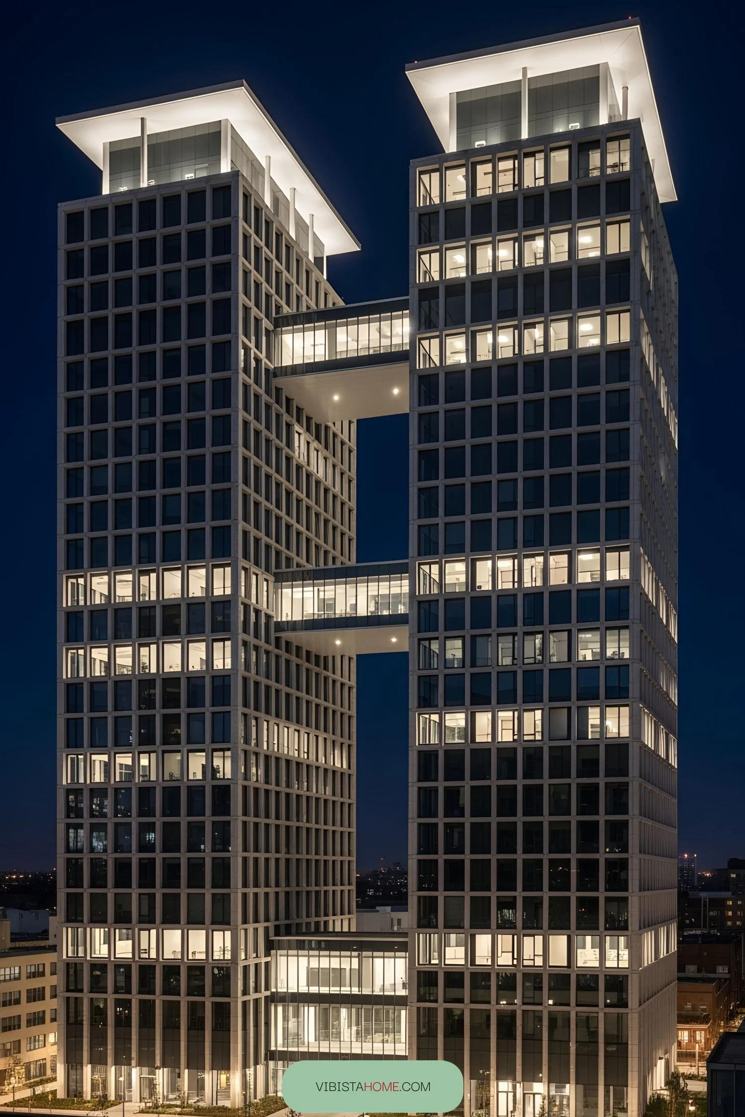 Twin Towers Linked by Glowing Skybridges