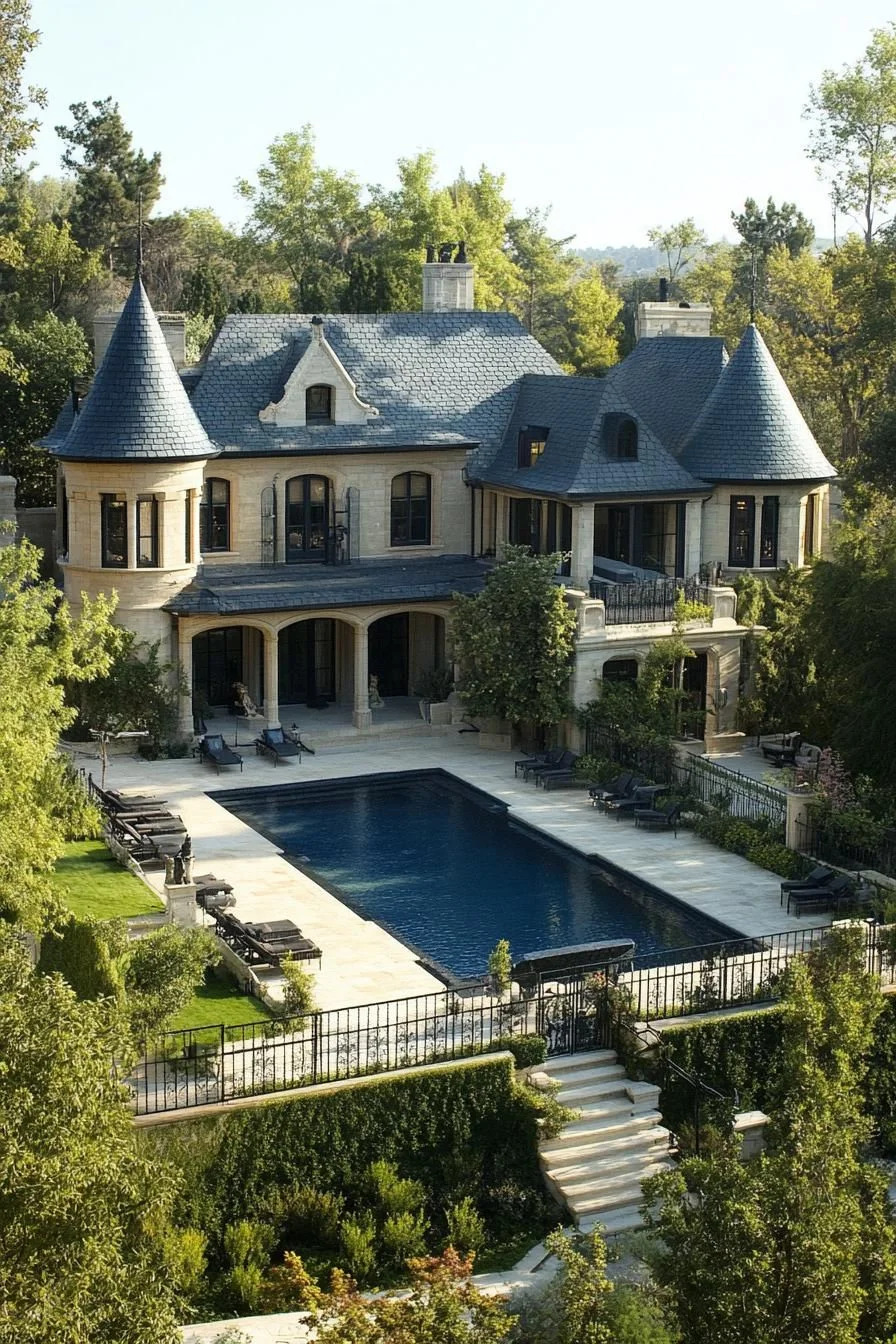 A Castle-Inspired Mansion with a Pool
