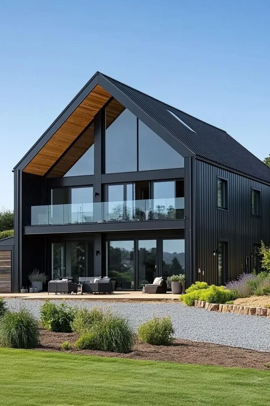 Bold black paneling and minimalist lines define this barn house's exterior. Large glass windows reflect the sky and pull daylight deep into the interior, while a gabled roof keeps a nod to traditional barn architecture.