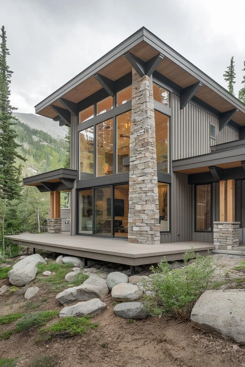 Two-Story Glass Cabin with a Stone Chimney