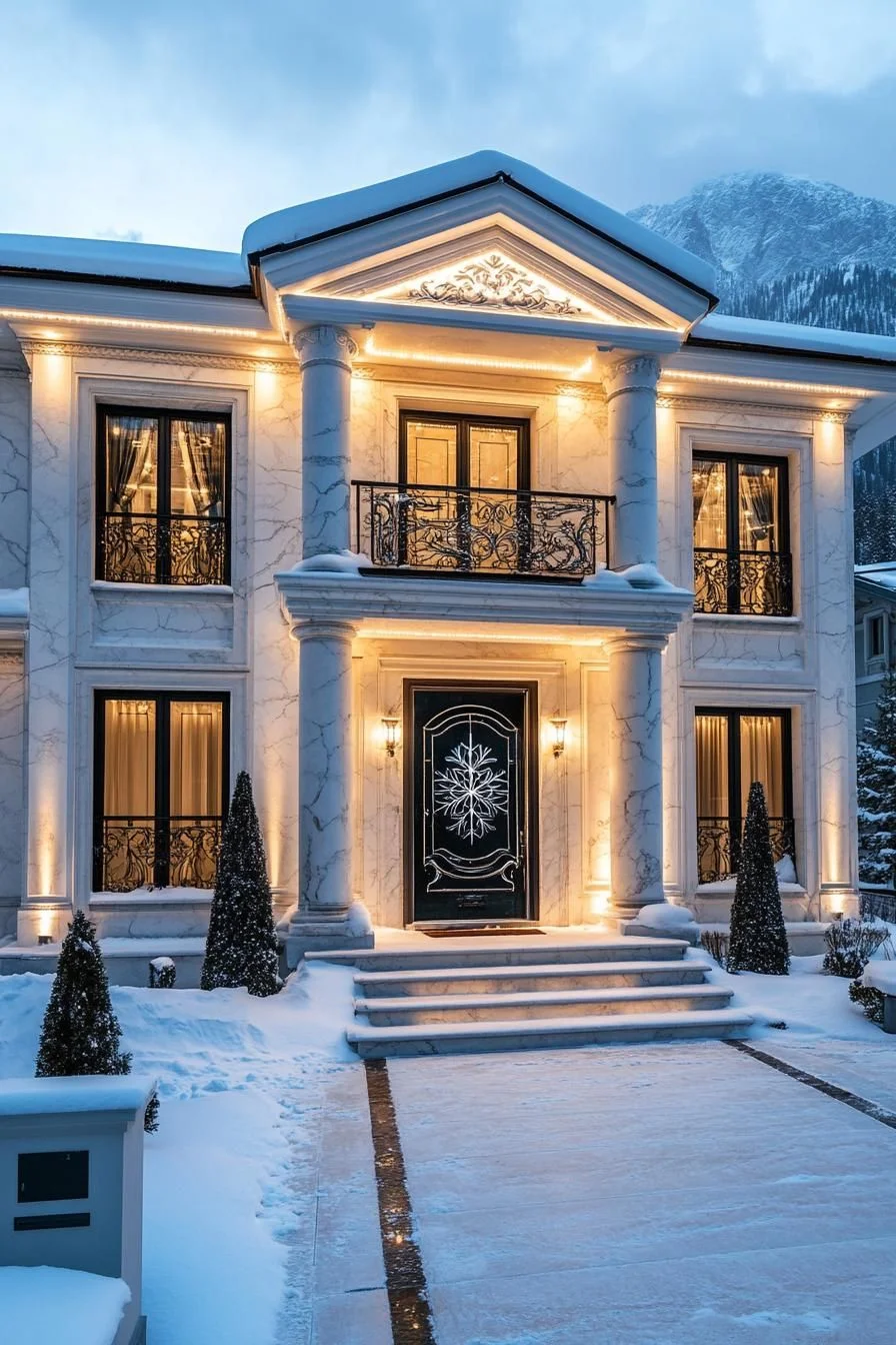 Snow-Covered Home With Bright Lighting
