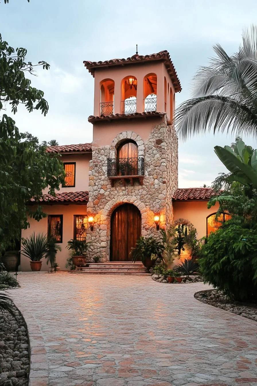 A Stone Home Glowing at Sunset