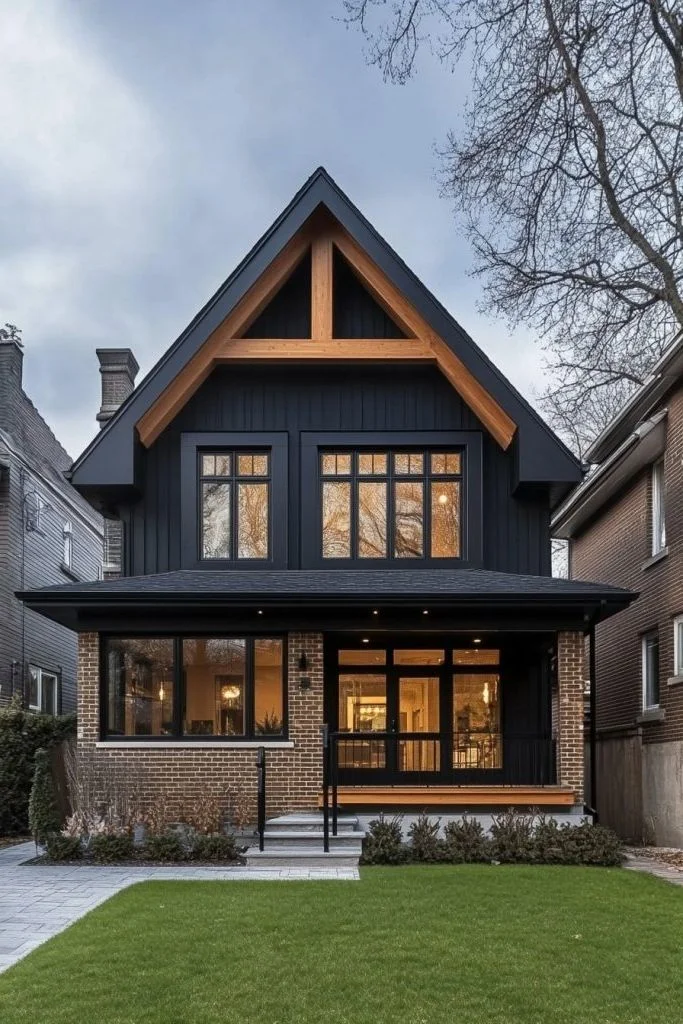 A Black Cottage With Brick Detailing