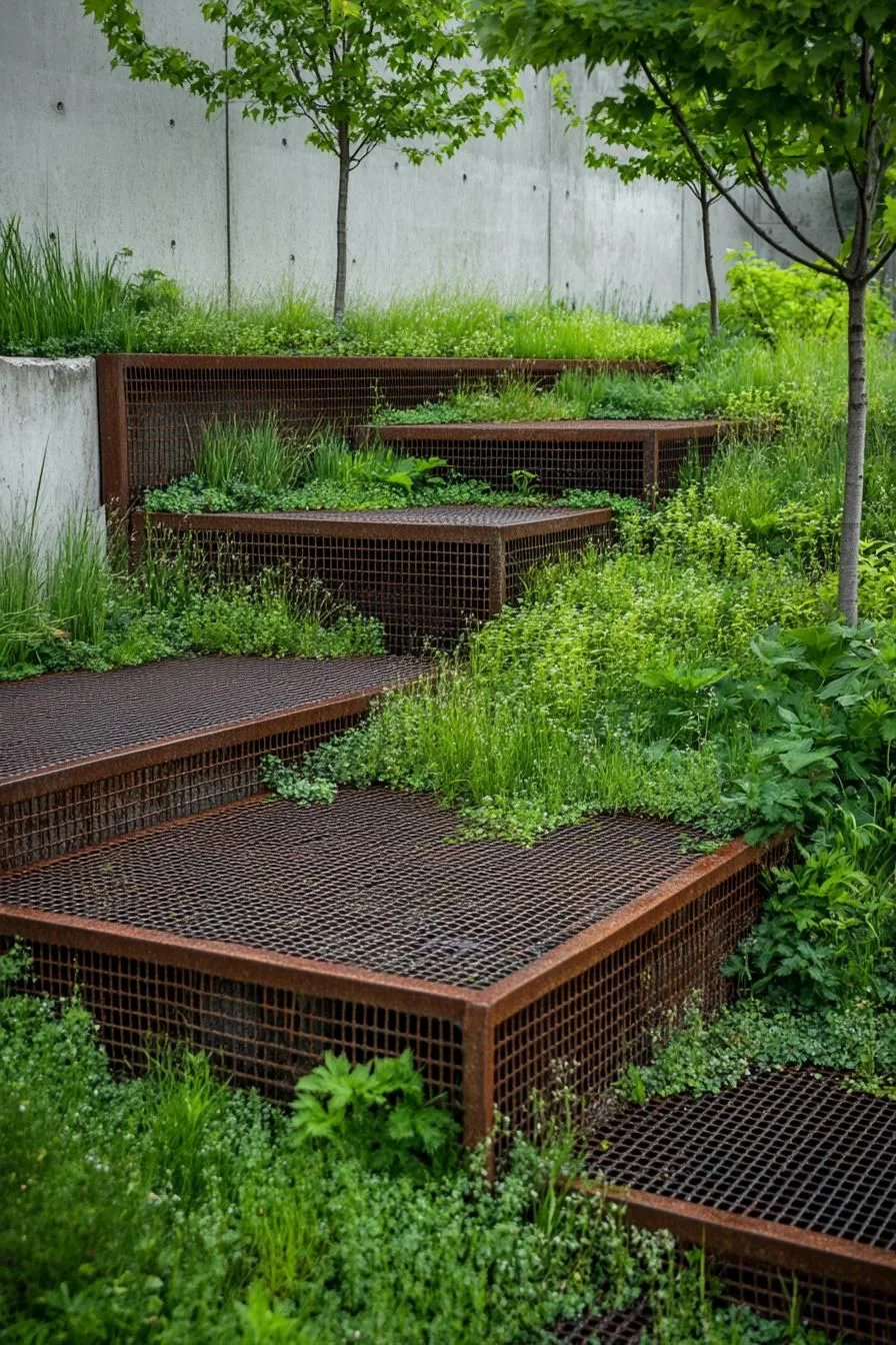 Metal Grid Path Through Garden Greenery