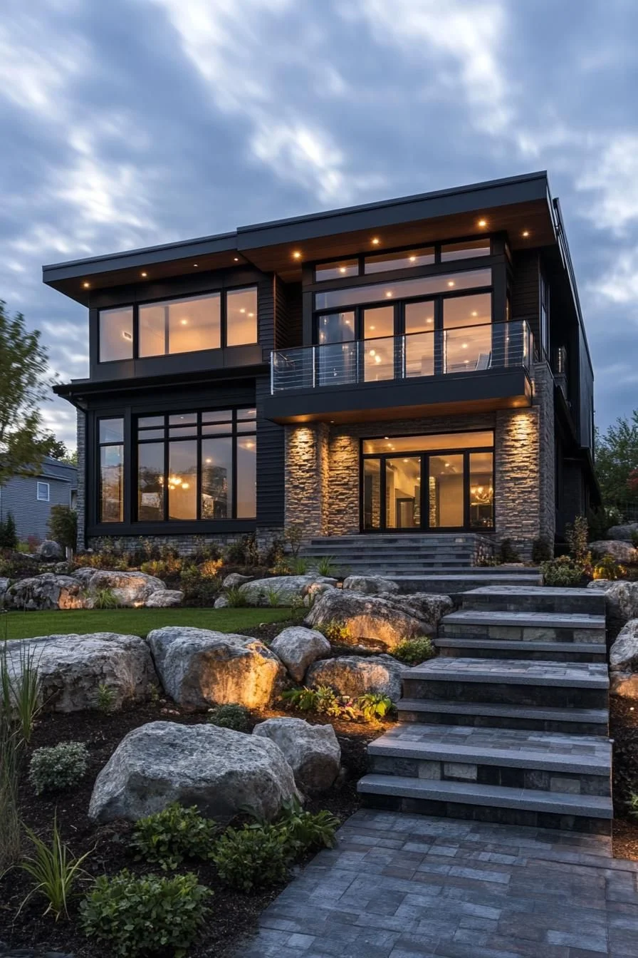 Glass-Walled Home at Dusk