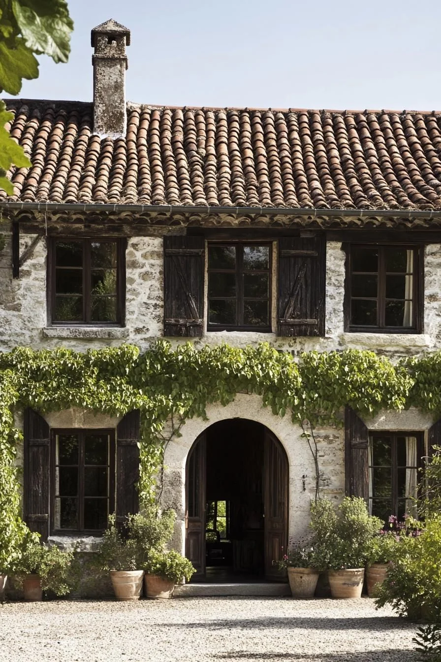 A Vine-Covered Cottage with Tall Chimneys