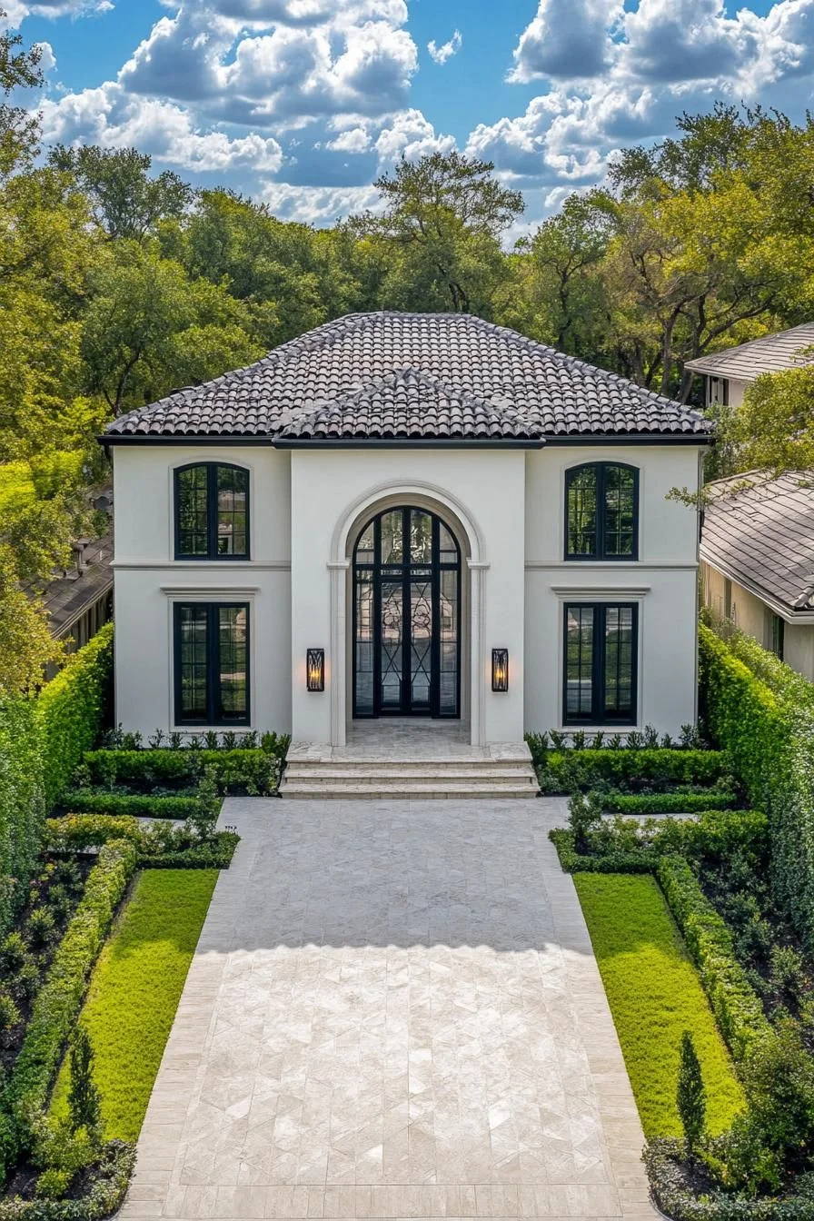 Opulent Facade with Verdant Hedges