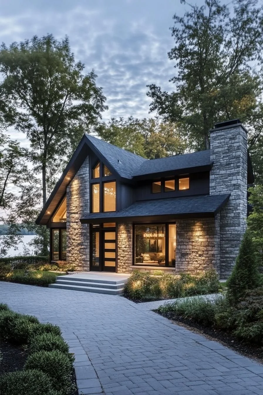 Stone Cottage Glowing at Twilight