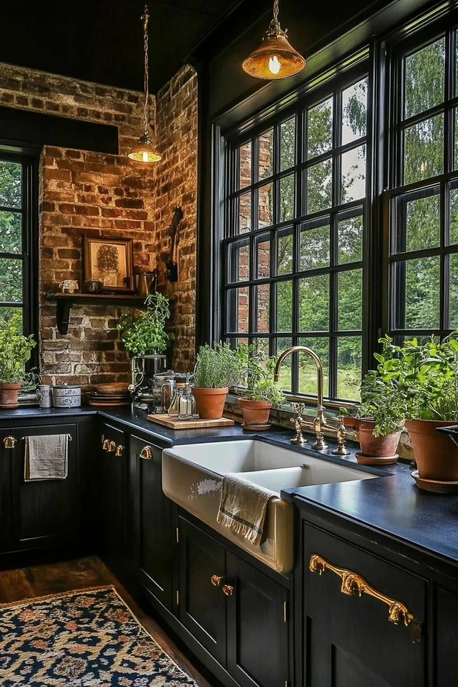 A Brick Kitchen Corner With Fresh Herbs