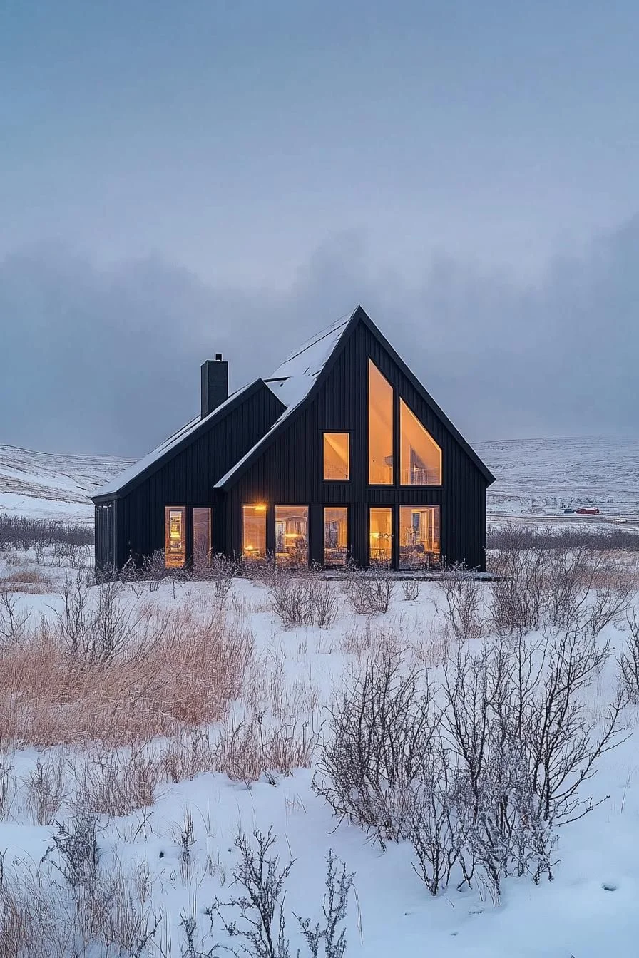 Gable House Glowing at Winter Twilight