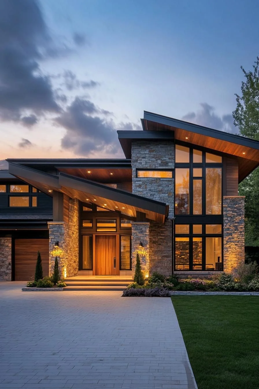 A Modern Stone Home Lit Up at Dusk