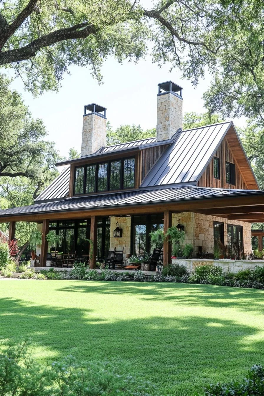 Woodland Barndominium With Chimney Detail