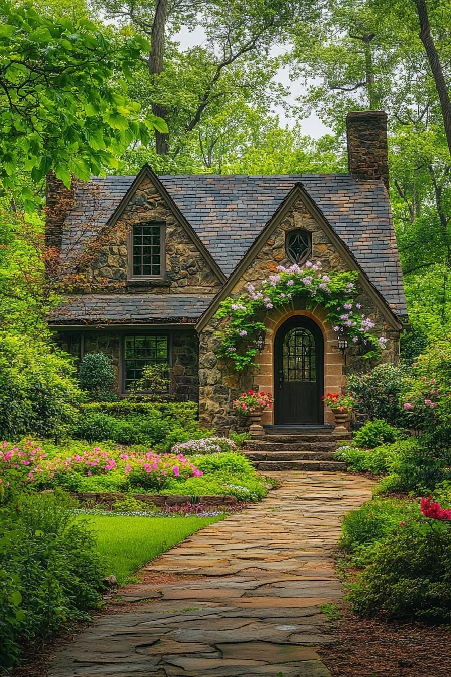 Stone Cottage Surrounded by Flowers