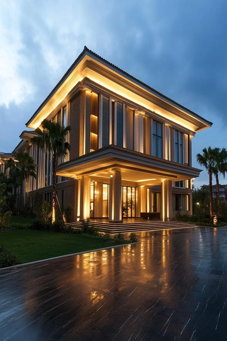 A Colonial Home Glowing at Dusk