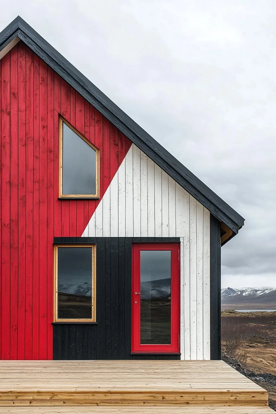 Geometric Timber Facade in Bold Colors