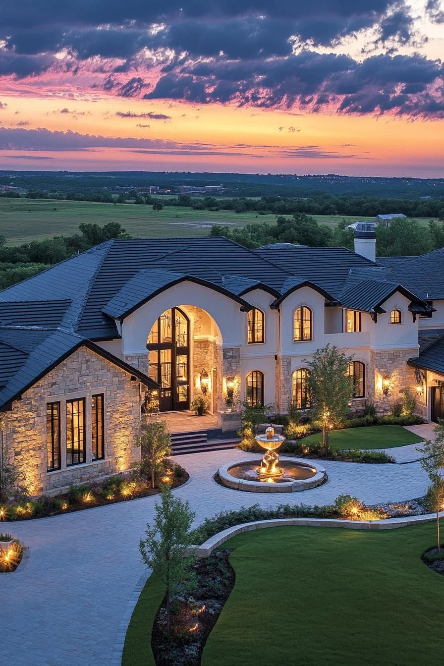 Golden Sunset Light on a Modern Mansion