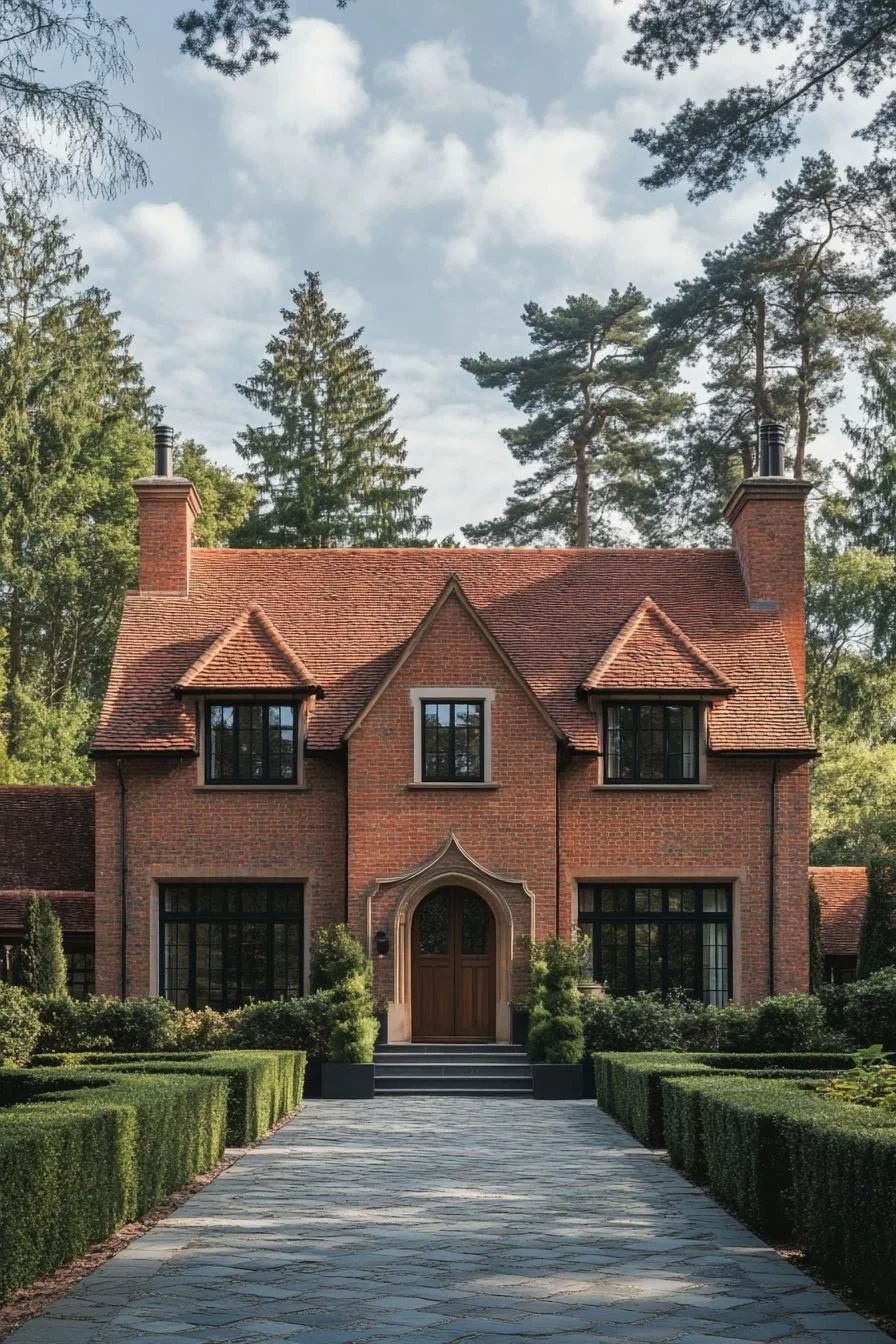 A Red Brick House With Grand Peaks