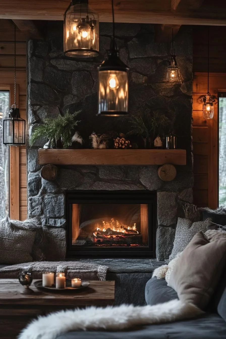 A Stone Fireplace Refuge in Deep Red