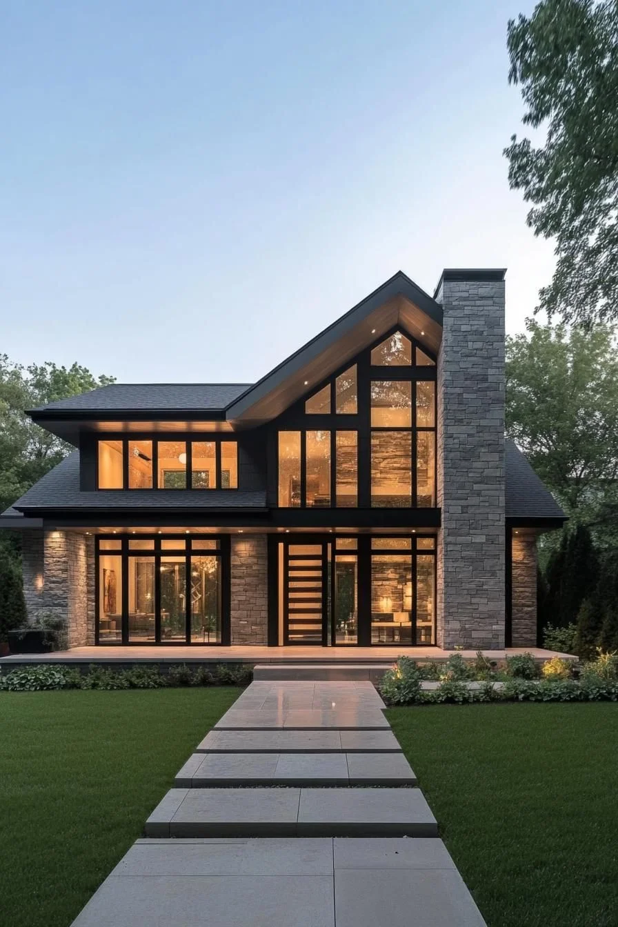 A Symmetrical Home Lit Up at Night