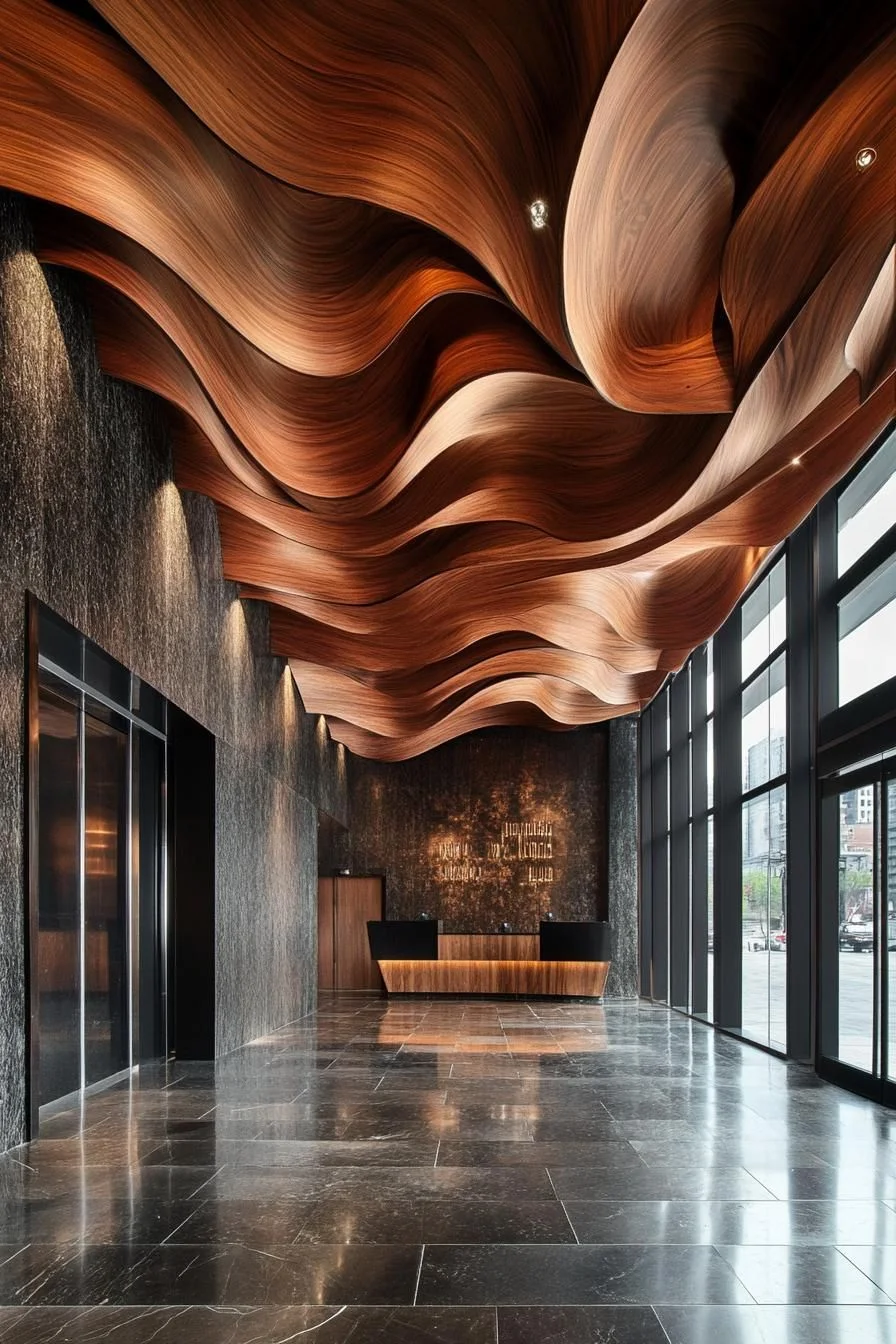 Skylit Lobby With Rippling Wood Ceiling