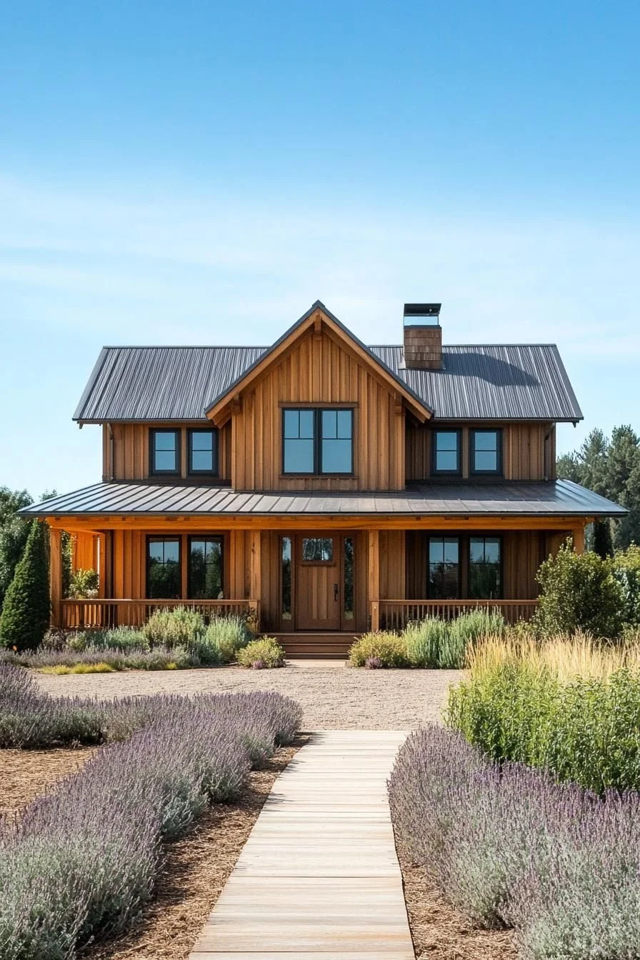 A Farmhouse with a Warm Wooden Entryway