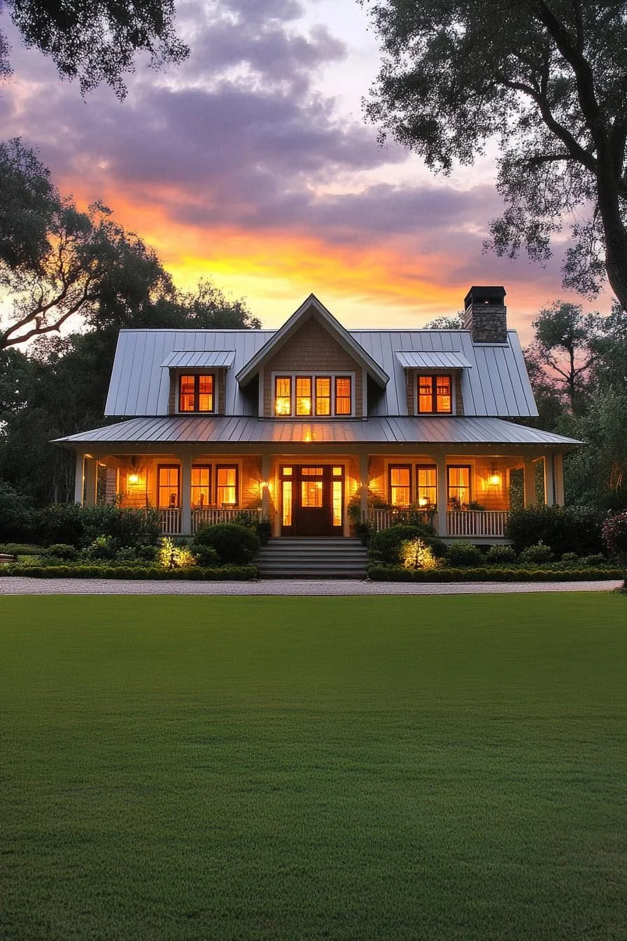 A Farmhouse with Shingles Glowing at Sunset
