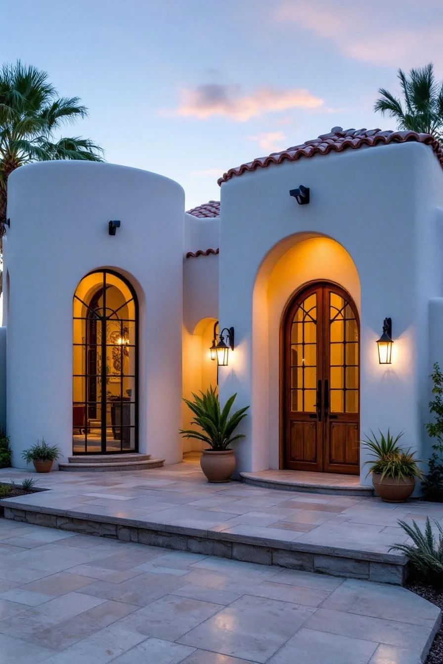 A Curved Home Lit by Sunset