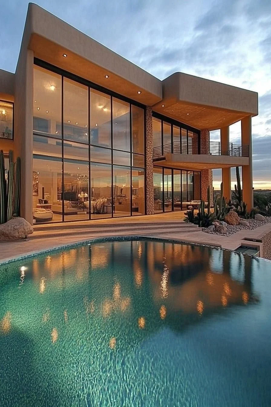 A Sunset-Lit Home With a Reflecting Pool