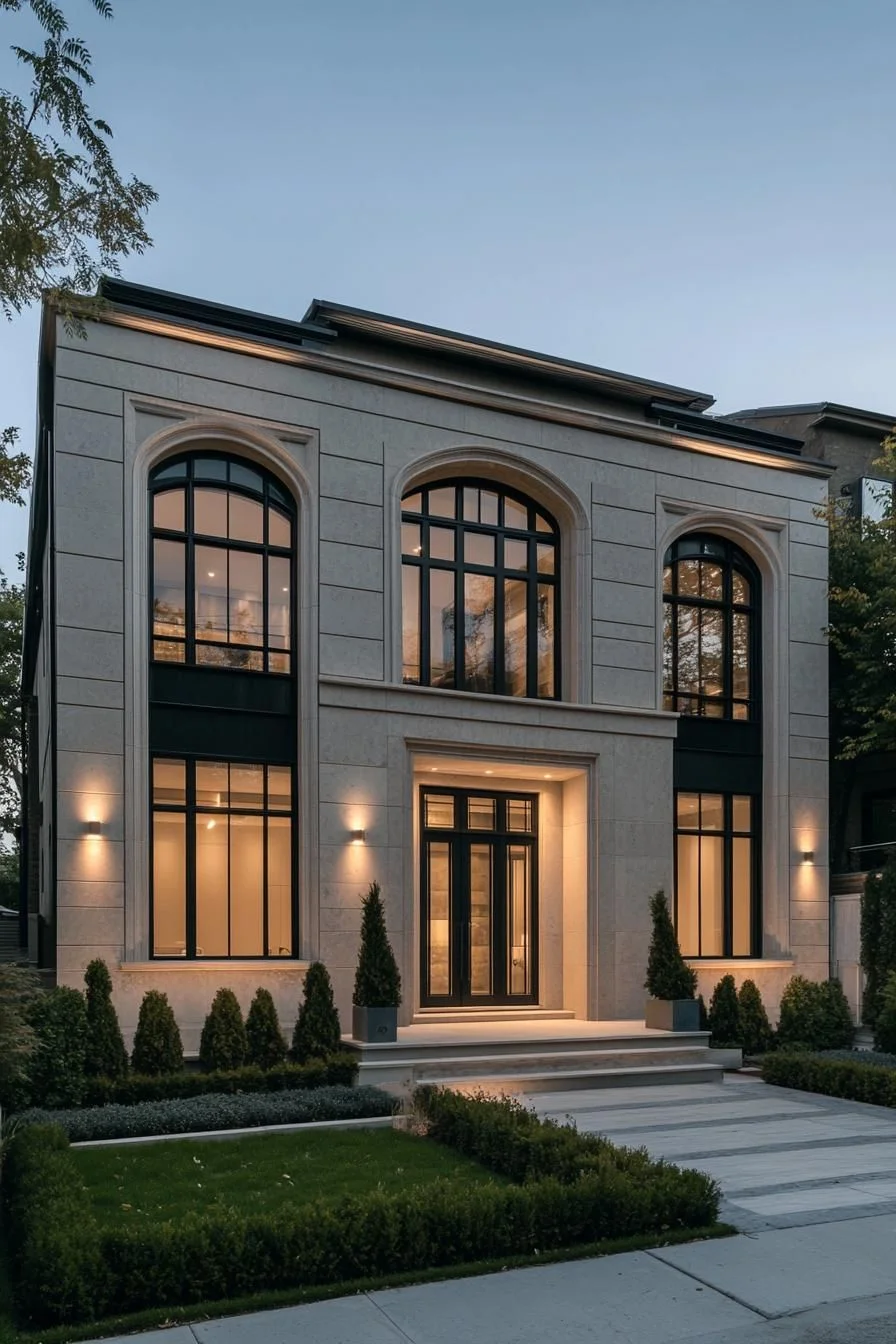 A Contemporary Neoclassical Home at Nightfall