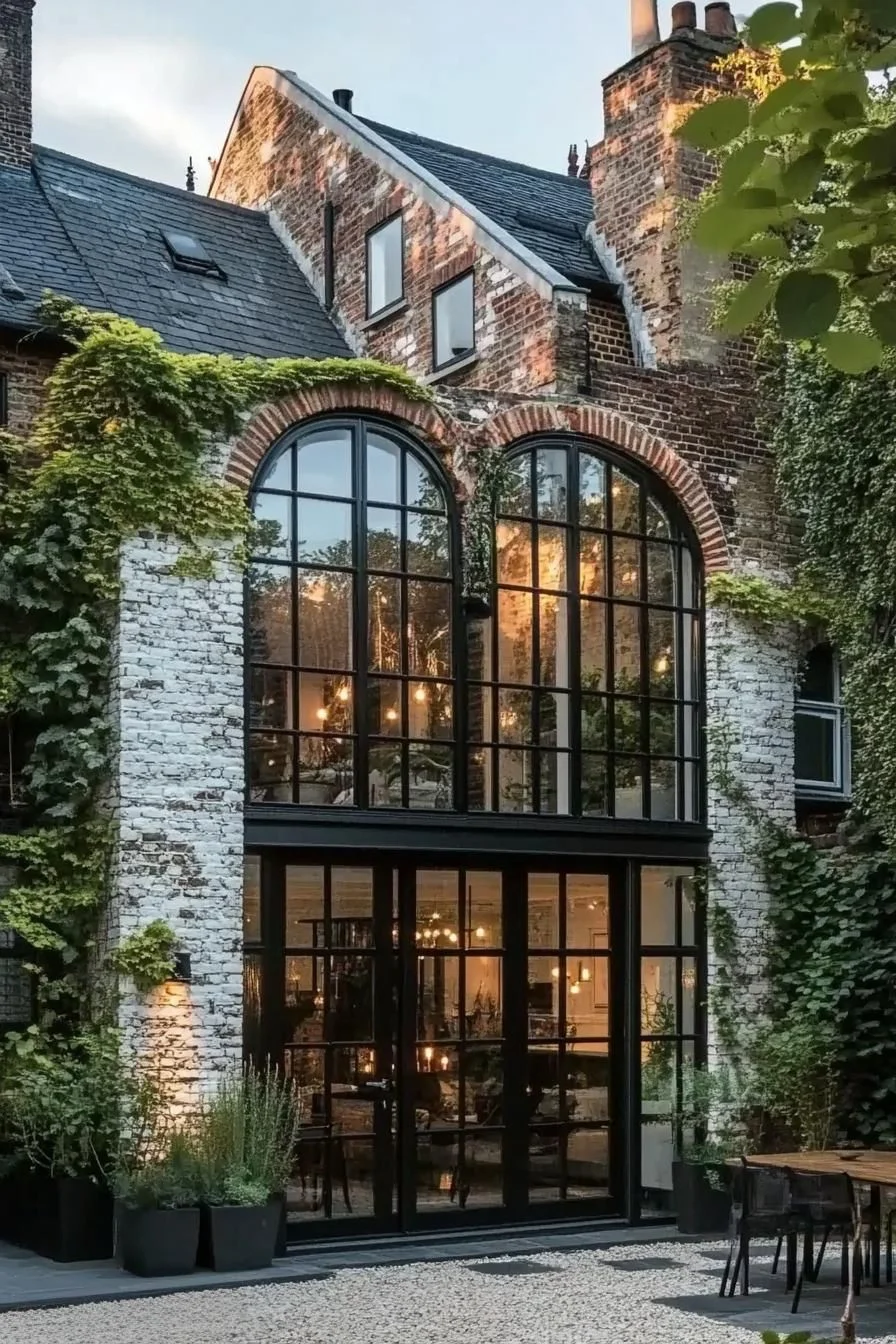 Warmly Lit Rustic House Exterior