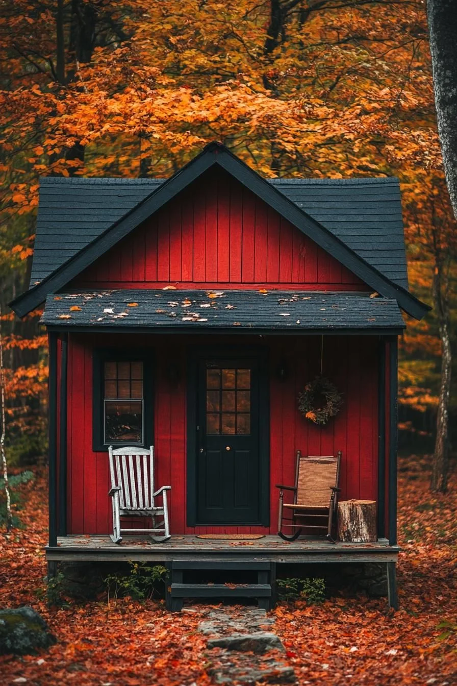 A Red Cabin Amid Autumn Trees