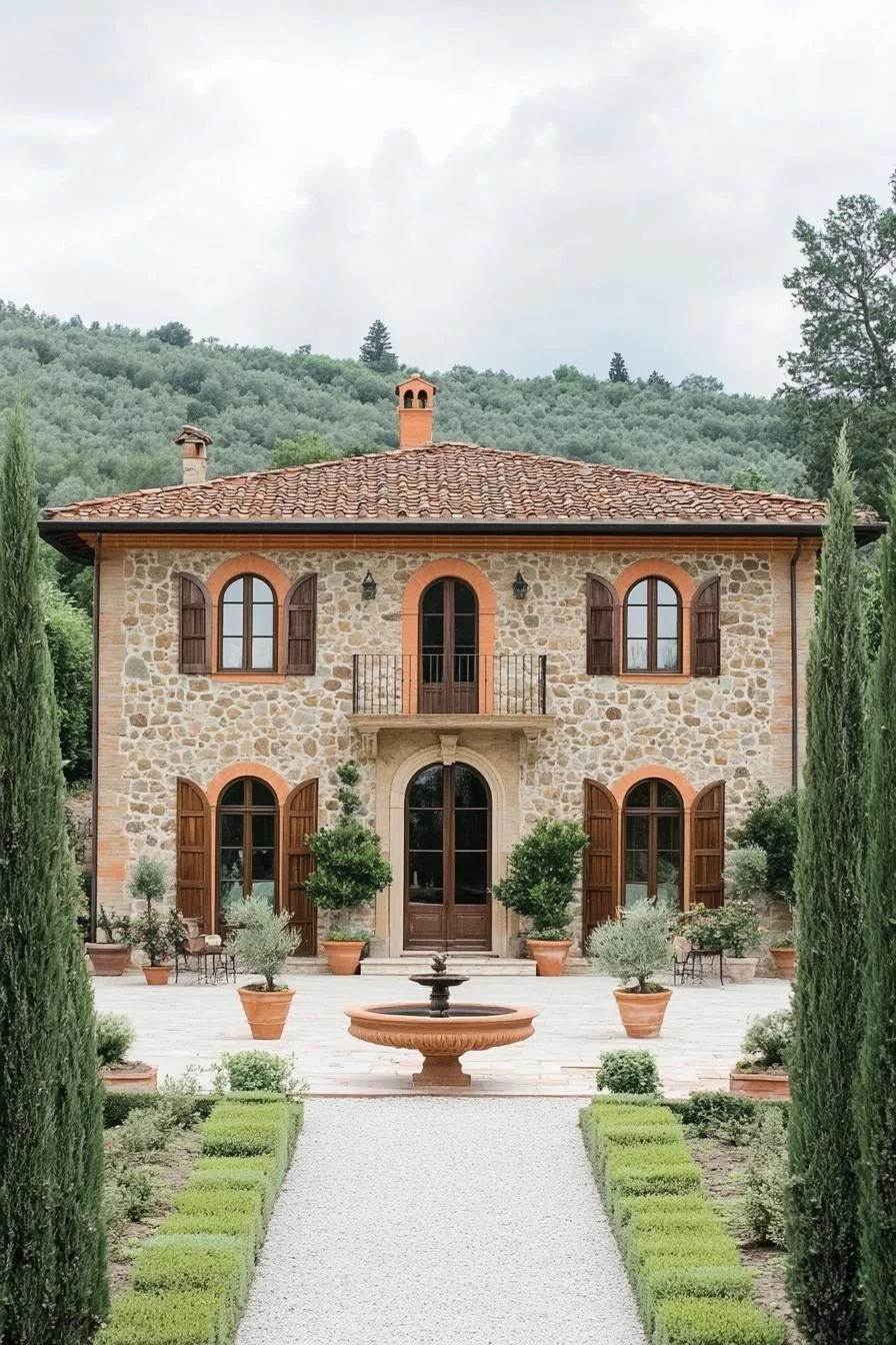 Garden-Centered Tuscan Stone Facade