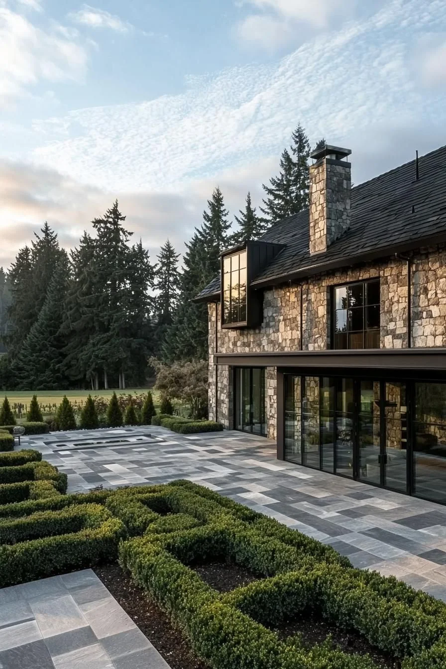 Stone Retreat Among Towering Pines