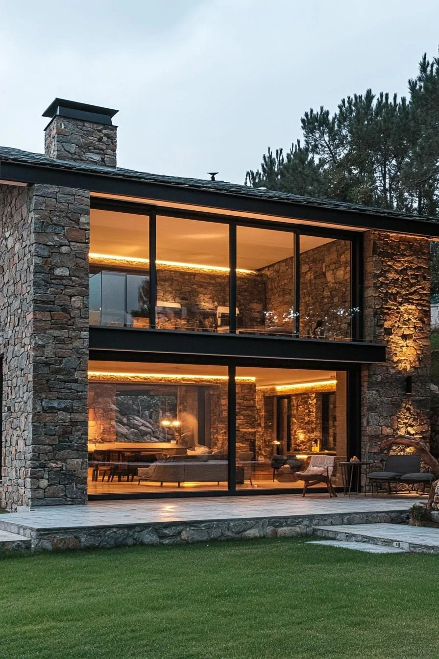 Stone Facade With Large Glass Windows