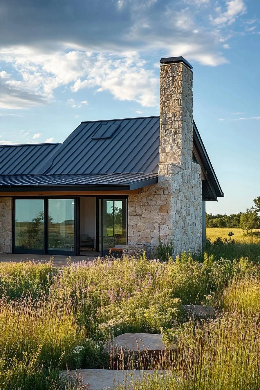 Rustic Stone Chimney With Sleek Metal Roof