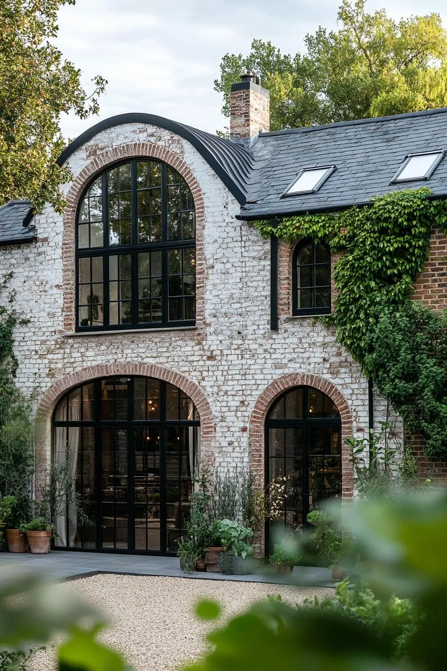 Brick Facade with Vintage Arches and Ivy