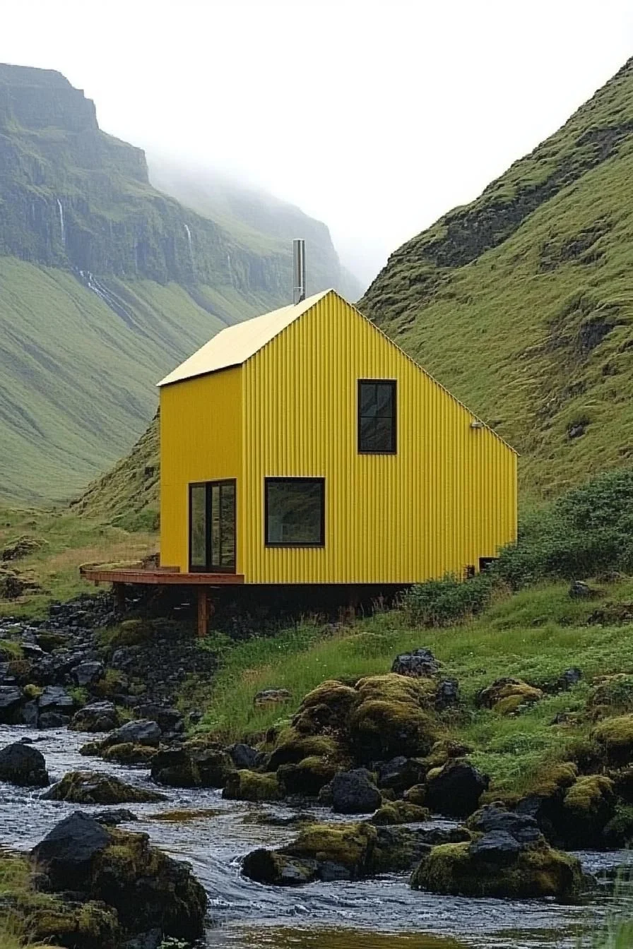 A Yellow Metal Home by a Stream