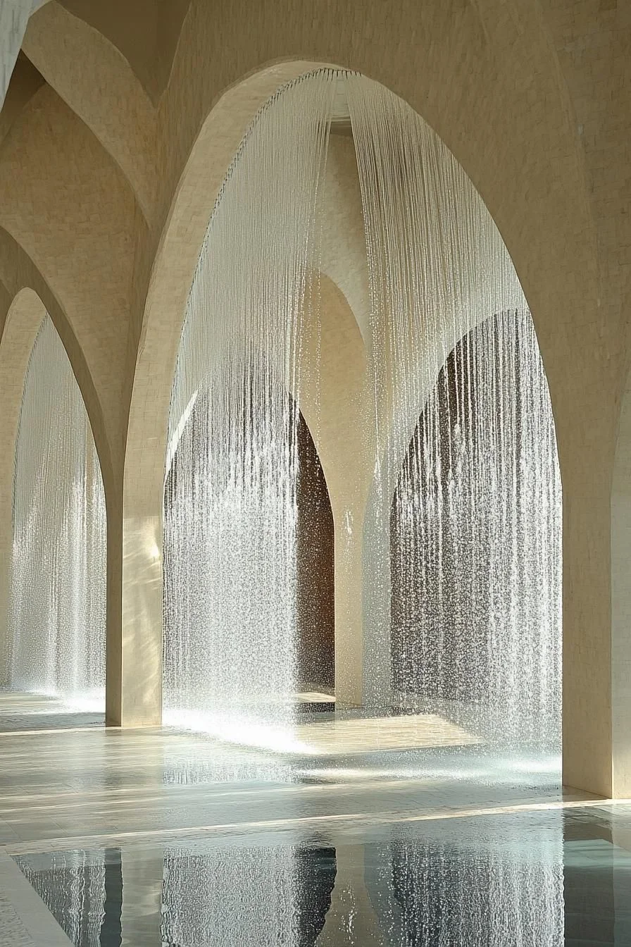 Arched Pavilion Beside a Waterfall