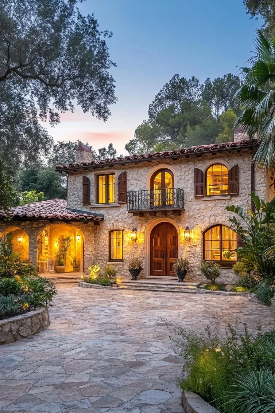 Tuscan Stone Facade Glowing at Twilight