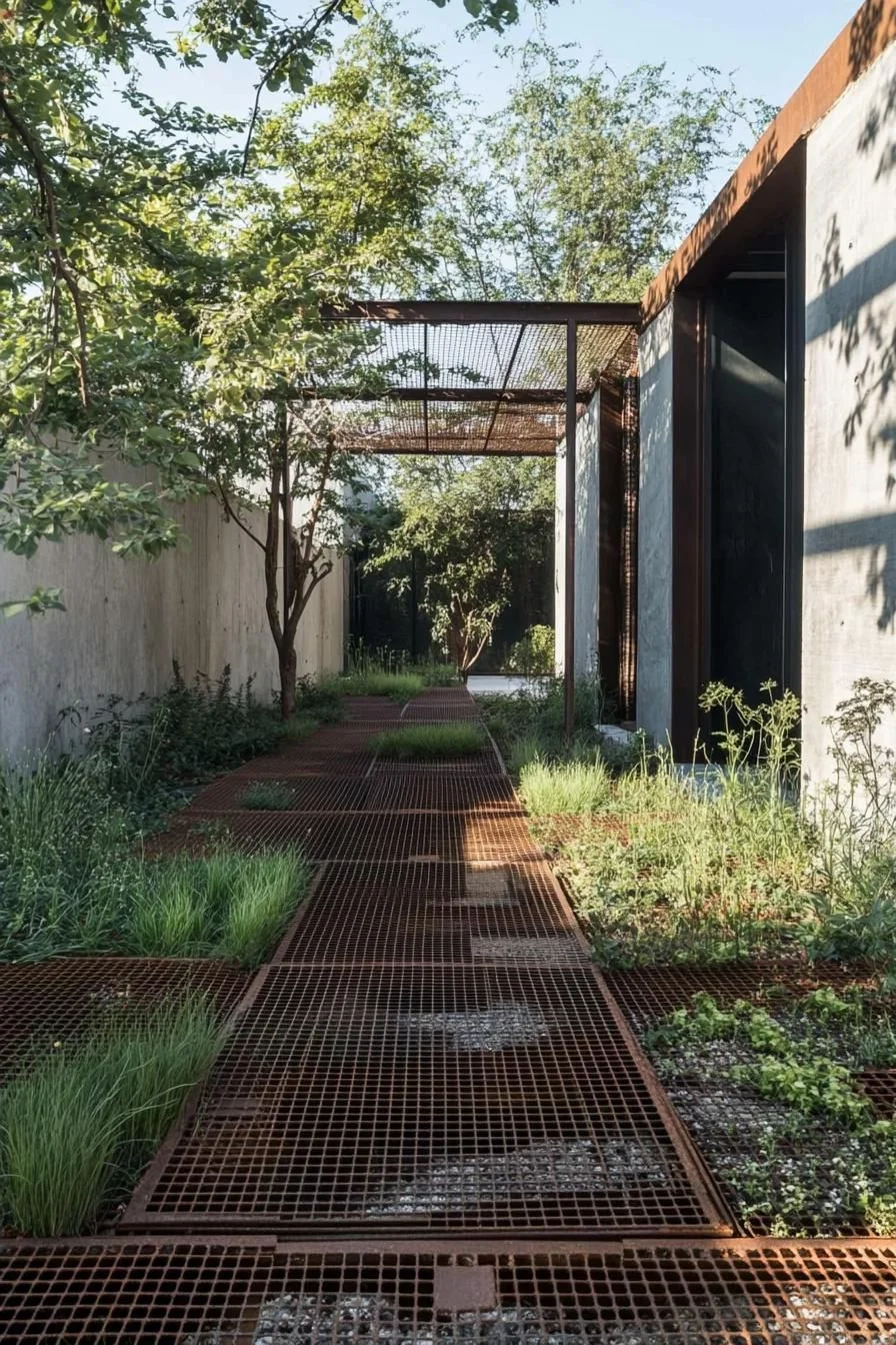 Rustic Grated Walkway Through Leaves