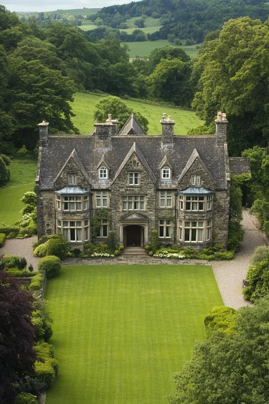 A Stone Home With a Lush Front Lawn