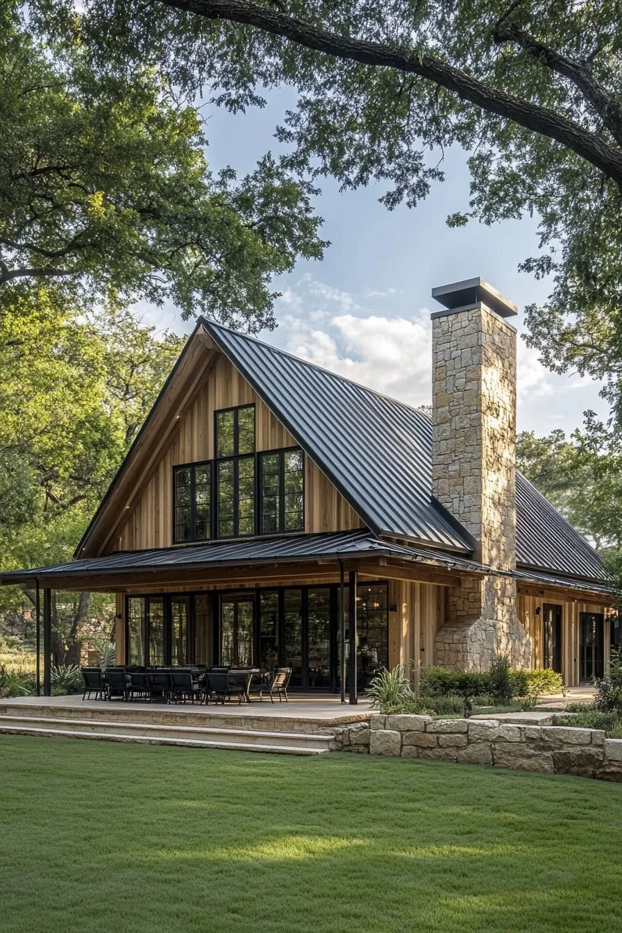 Woodland Barndominium With Stone Chimney