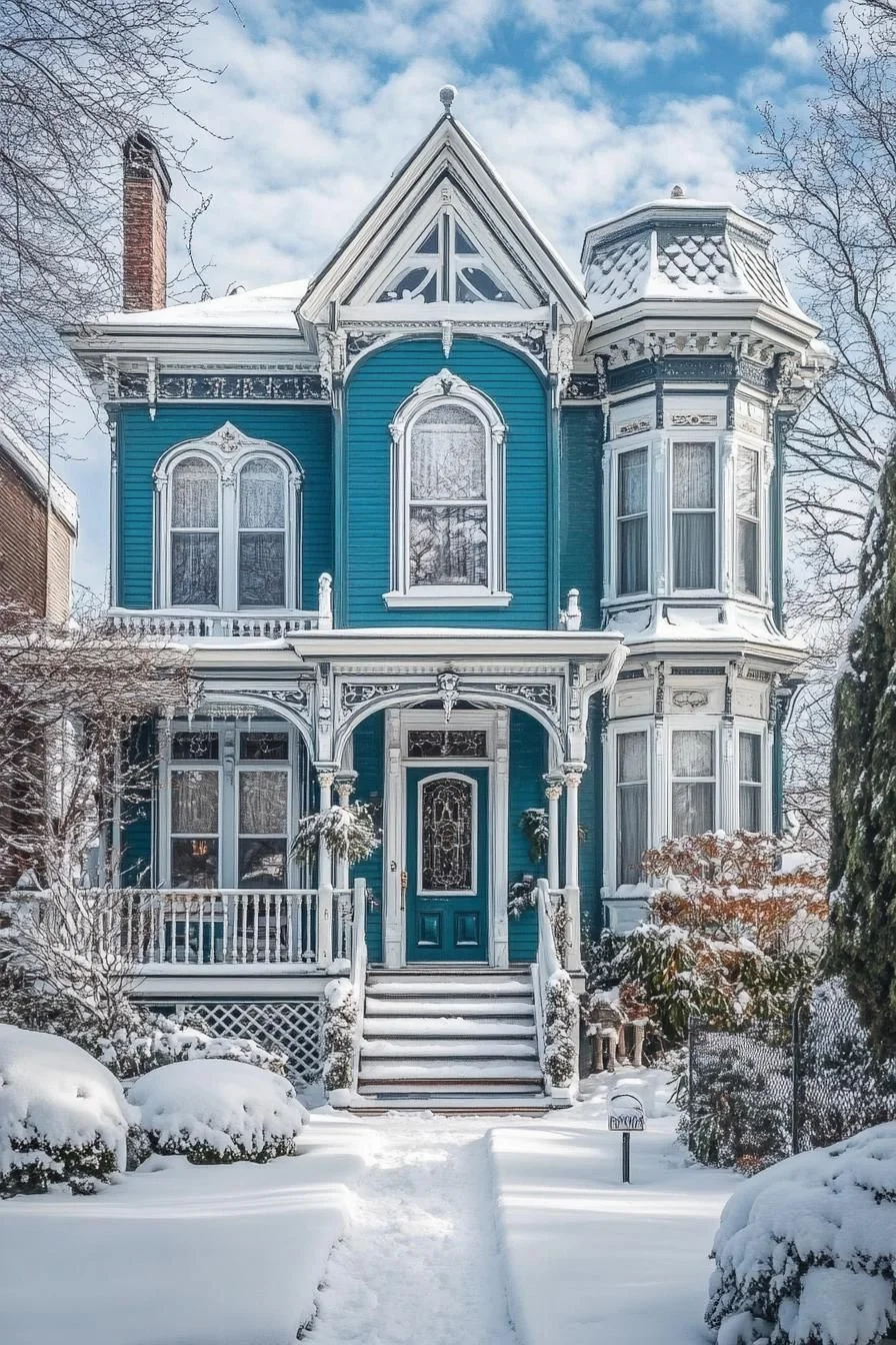 Teal Victorian Draped in Snow